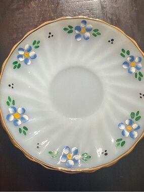 Source Unknown White Porcelain Saucer with Blue Flowers and Gold Rim